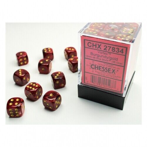 Chessex: 36D6 12MM Dice - Vortex Burgundy/Gold