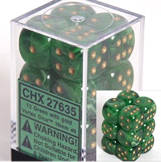 Chessex: 36D6 12MM Dice - Vortex Green/Gold