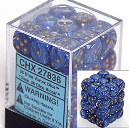 Chessex: 36D6 12MM Dice - Vortex Blue/Gold