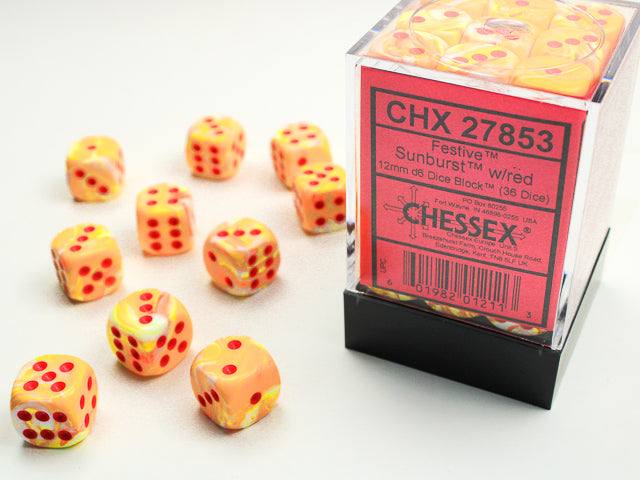 Chessex: 36D6 12MM Dice - Festive Sunburst/Red