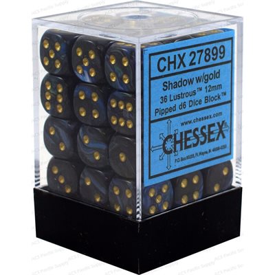 Chessex: 36D6 12MM Dice - Lustrous: Shadow/Gold