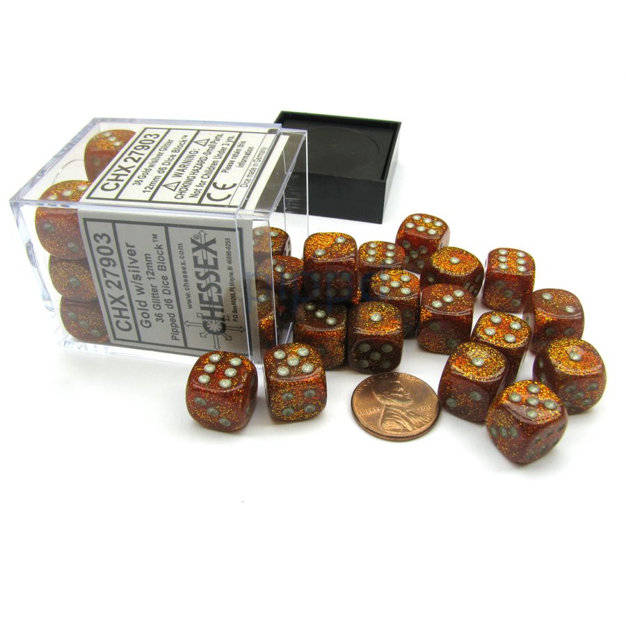 Chessex: 36D6 12MM Dice - Glitter Gold/Silver