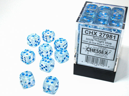 Chessex: 36D6 12MM Dice - Borealis Icicle/Light Blue Luminary