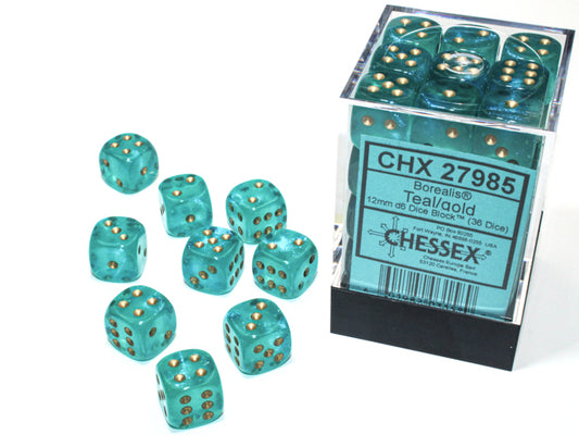 Chessex: 36D6 12MM Dice - Borealis Teal/Gold Luminary