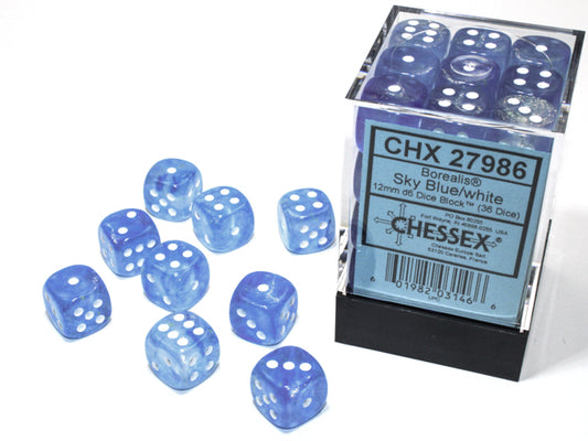 Chessex: 36D6 12MM Dice - Borealis Sky Blue/White Luminary