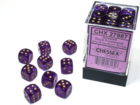 Chessex: 36D6 12MM Dice - Borealis Royal Purple/Gold Luminary