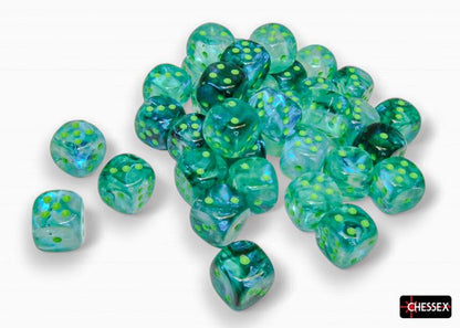 Chessex: 36D6 12MM Dice - Borealis Kelp/Light Green Luminary