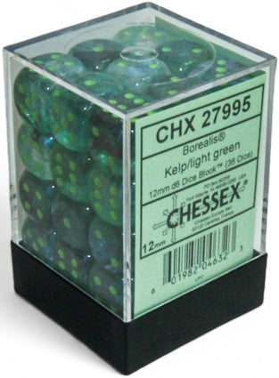 Chessex: 36D6 12MM Dice - Borealis Kelp/Light Green Luminary
