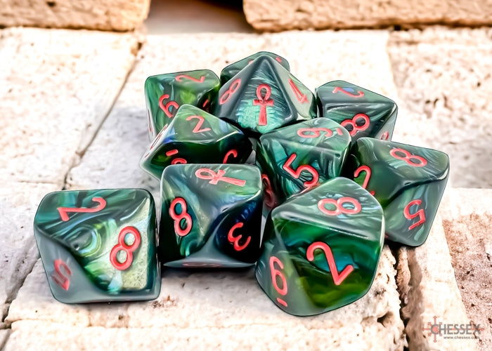 Chessex: 10D10 Dice - Scarab Jade/Red Ankh