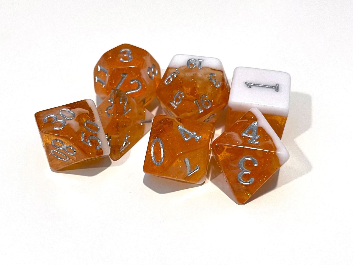 Adventure Dice: 7 Piece Dice Set - Orange Float Silver