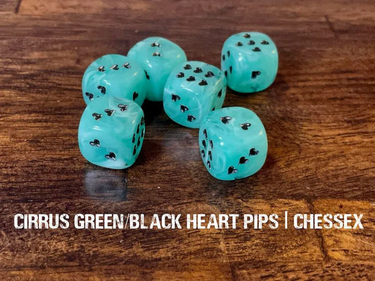 Adventure Dice: D6 Dice Set - Cirrus Green/Black Heart Pips