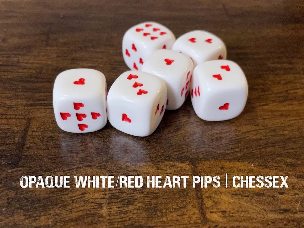 Adventure Dice: D6 Dice Set - Opaque White Red Heart Pips