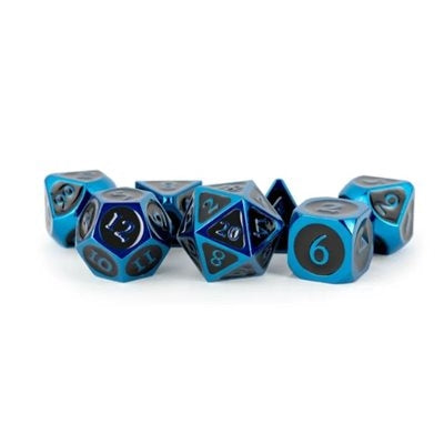 FanRoll: 7 Piece 16mm Metal Dice Set - Blue/Black Enamel