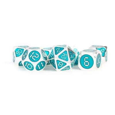 FanRoll: 7 Piece 16mm Metal Dice Set - Silver/Teal Enamel