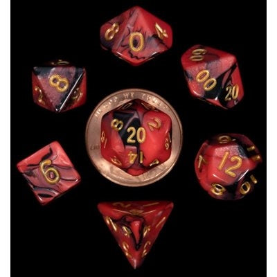 FanRoll: Mini 7 Piece 10mm Acrylic Dice Set - Red/Black, Gold Numbers