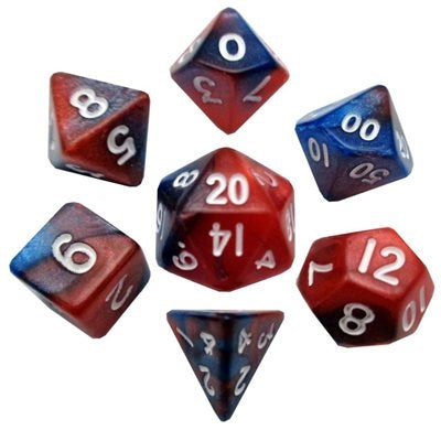 FanRoll: Mini 7 Piece 10mm Acrylic Dice Set - Red/Blue, White Numbers