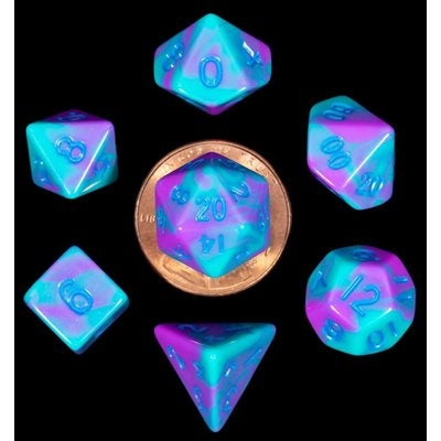 FanRoll: Mini 7 Piece 10mm Acrylic Dice Set - Purple/Teal, Blue Numbers