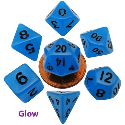 FanRoll: Mini 7 Piece 10mm Acrylic Dice Set - Glow In The Dark Blue