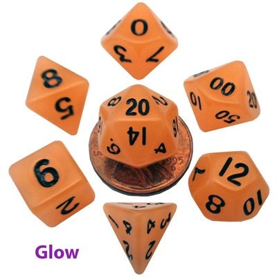 FanRoll: Mini 7 Piece 10mm Acrylic Dice Set - Glow In The Dark Orange