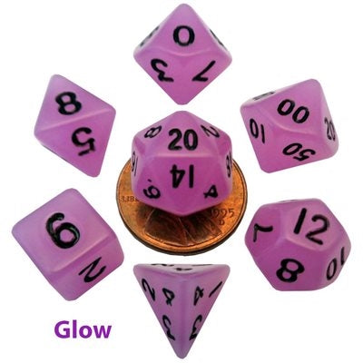 FanRoll: Mini 7 Piece 10mm Acrylic Dice Set - Glow In The Dark Purple