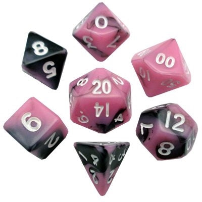 FanRoll: Mini 7 Piece 10mm Acrylic Dice Set - Pink/Black, Gold Numbers