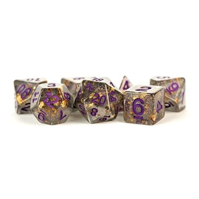 FanRoll: 7 Piece 16mm Resin Dice Set - Gray/Gold Foil, Purple Numbers