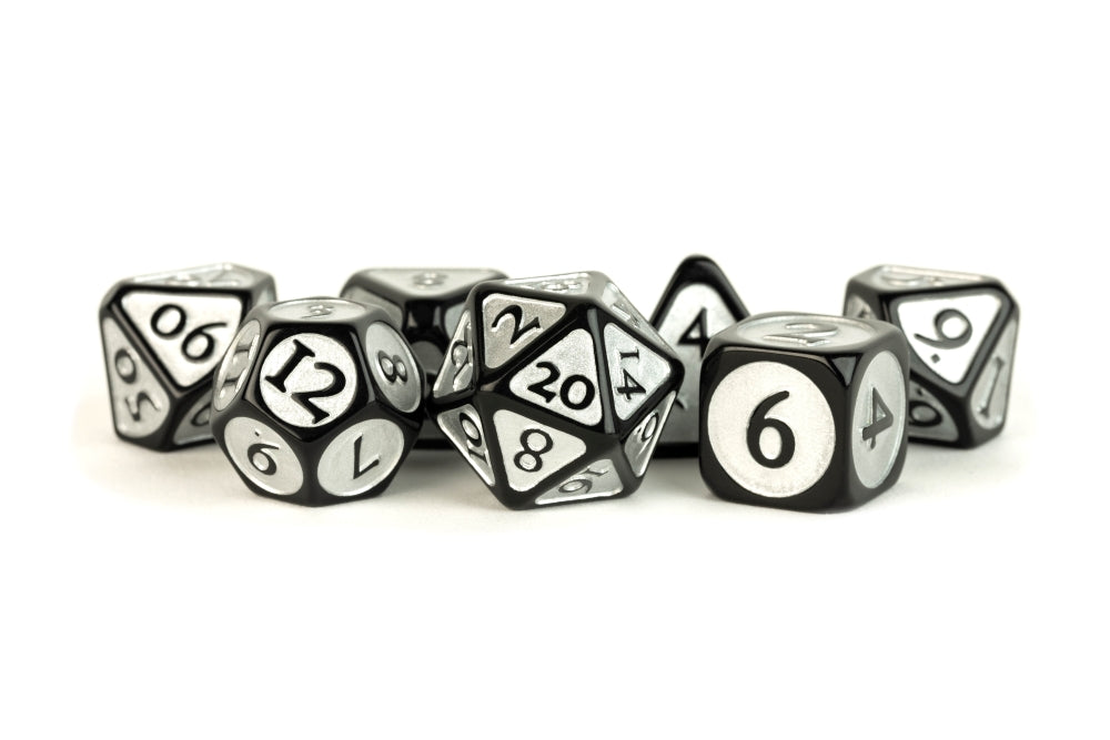 FanRoll: 7 Piece 16mm Acrylic Dice Set - Black/Silver Enamel