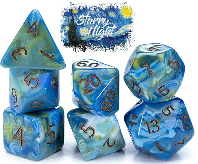 GKGD: 7 Piece 16mm Resin Dice Set - Van Gogh Starry Night