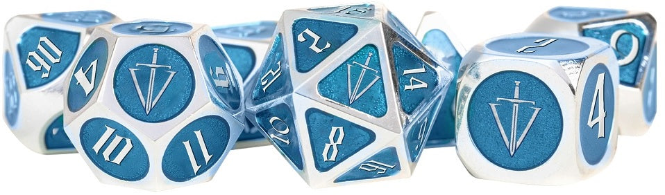 FanRoll: Tales Of The Valiant 7 Piece Metal Dice Set - Silver / Light Blue