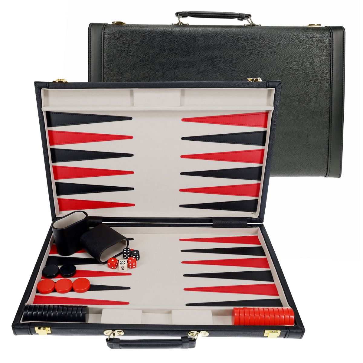 Backgammon: 18" Black Leatherette/Grey Stripe