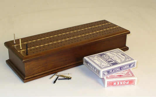 Cribbage: 3 Track Inlaid Walnut Wood Board With Cards
